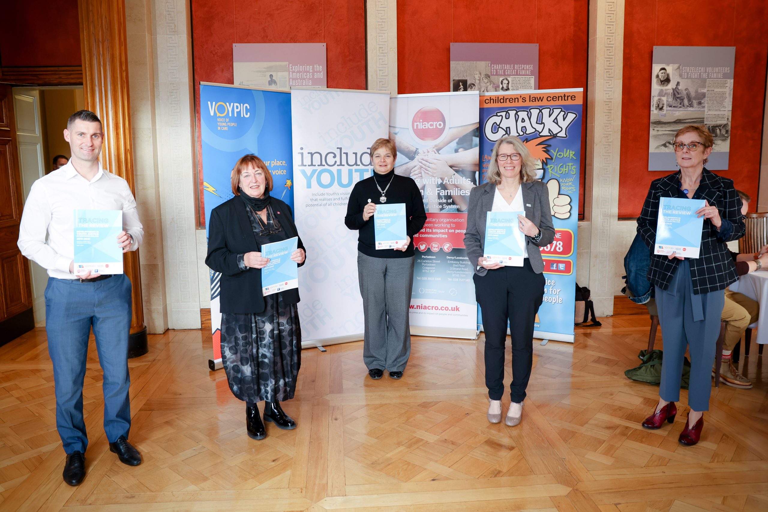 Northern Ireland Commissioner for Children and Young People, Koulla Yiasouma, joins Paul McCafferty (VOYPIC), Olwen Lyner (NIACRO), Paula Rodgers (Include Youth) and Paddy Kelly (Children's Law Centre) at the launch of 'Tracing the Review'.